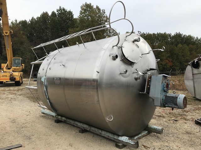 ***SOLD*** used 3000 Gallon Sanitary Jacketed mix tank/kettle/processor with sweep agitation and scraper blades. Built by Walker. Model PZ-CB. Jacket rated heat 15 PSI @ 250 Deg.F. or Cooling 100 PSI @ 100 Deg.F.  Driven by 3/6 HP , 230 volt, 850/1750 rpm motor into SEW gear reducer with 7/14 RPM output. Dome top and Cone Bottom. last used in Food Plant. 8' dia. x 8'6